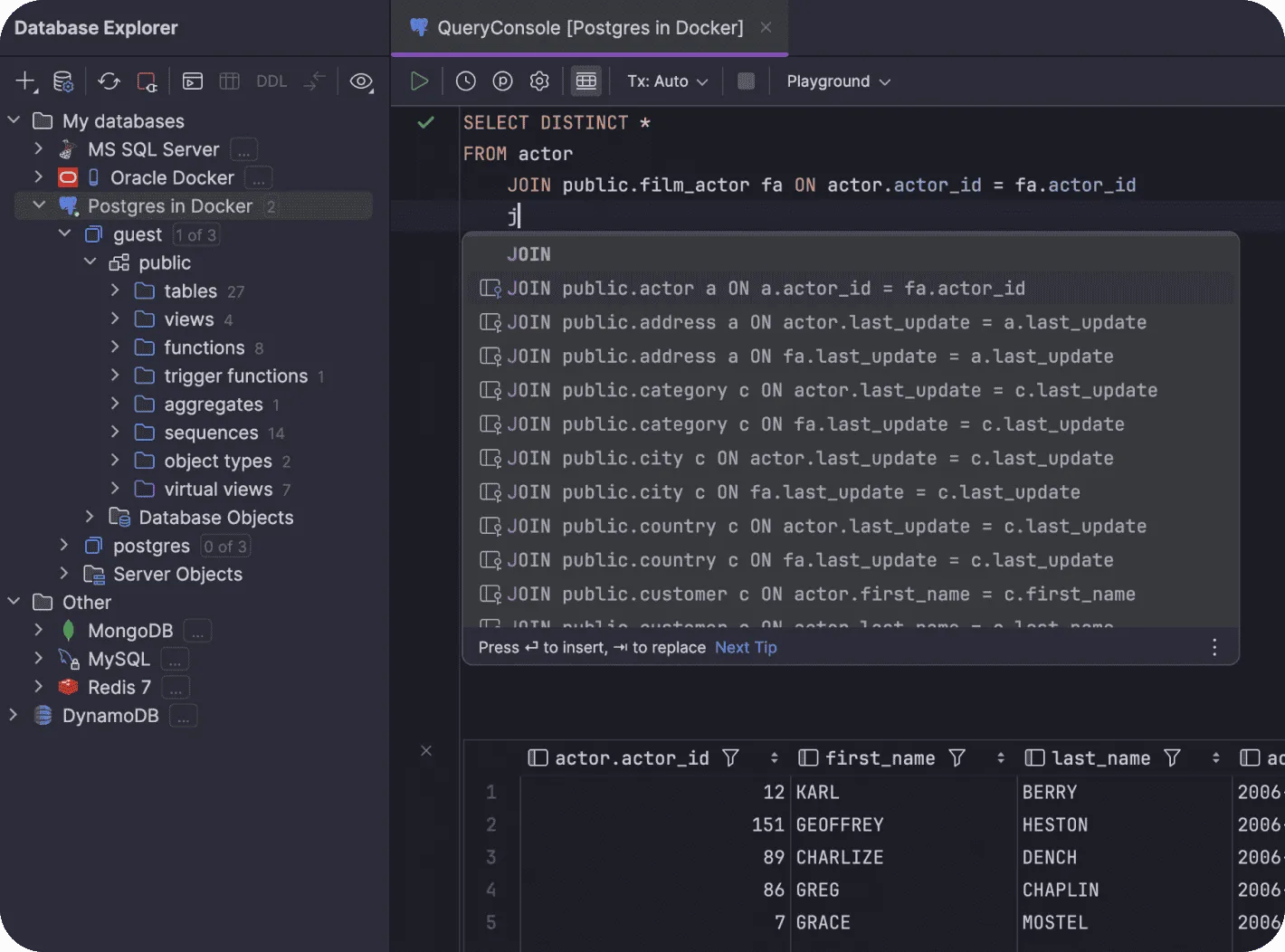 DataGrip IDE showing the database explorer, a SQL query console with schema-aware code completion, and a result grid